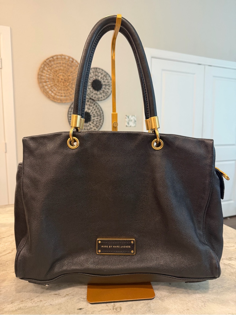 Marc by Marc Jacobs Black Leather Tote with Gold Hardware Accents